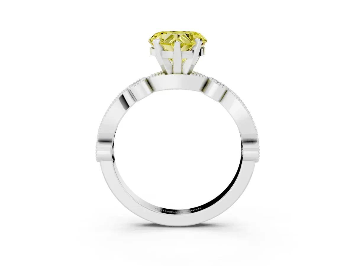 Fancy Yellow Heart Cut Milgrain Bezel Diamond Engagement Ring with Solitaire Prong Setting Silver