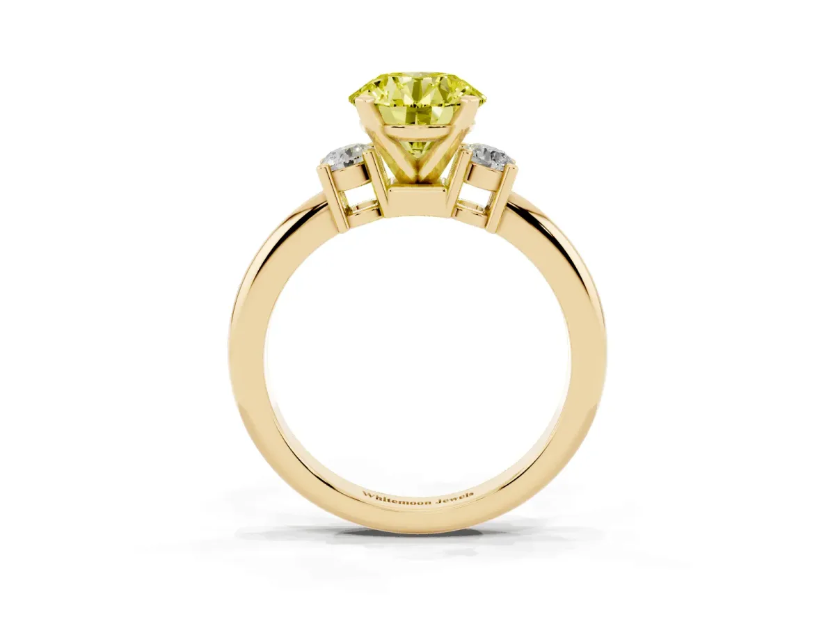 Fancy Yellow Three-Stone Round Cut Cut Diamond Solitaire with Prong Setting and Classic Band Yellow gold