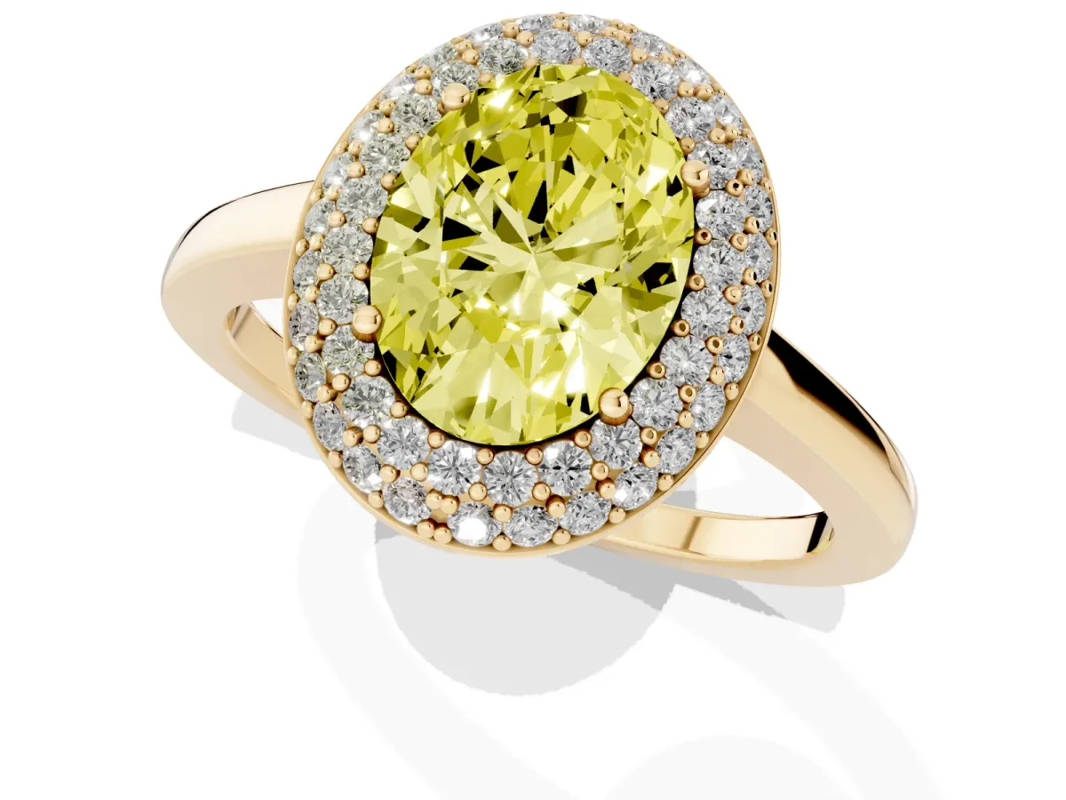 Fancy Yellow Oval Cut Halo Diamond Engagement Ring with Solitaire Band and Four-Prong Setting Yellow gold