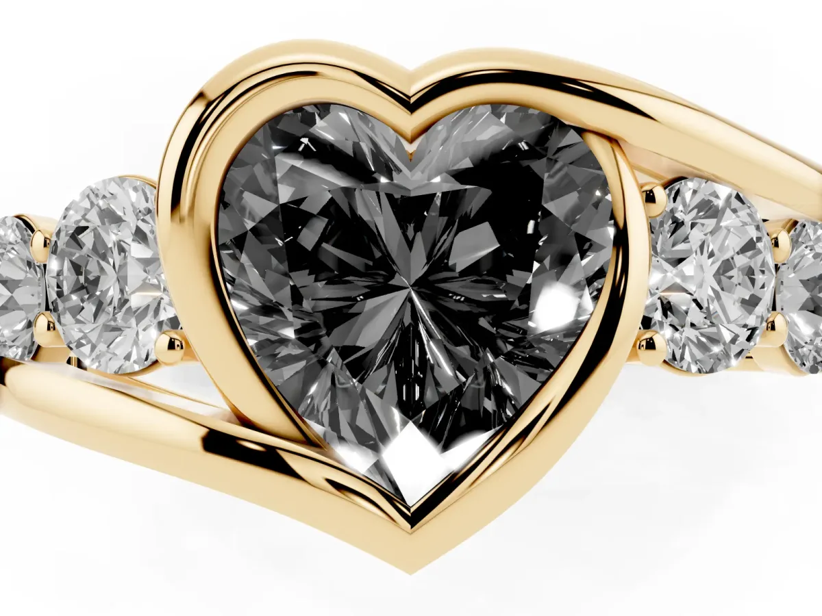 Fancy Black Bezel Set Heart Cut Diamond Bypass Ring with Round Accents Yellow gold