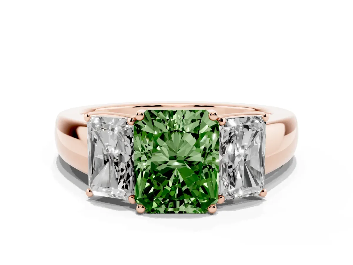 Fancy Green Three-Stone Radiant Cut Cut Diamond Ring with Prong Setting and Classic Band Rose gold