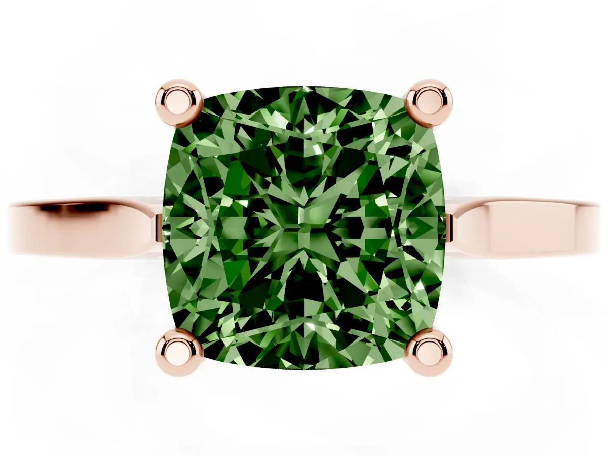 Fancy Green Cushion Cut Solitaire Diamond Ring with Four-Prong Setting and Tapered Band Rose gold