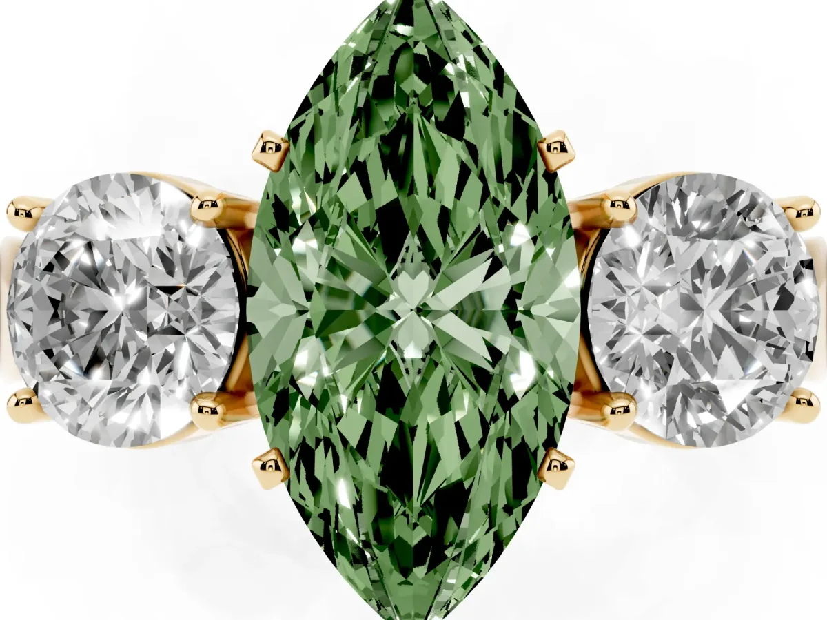 Fancy Green Three-Stone Marquise Cut Diamond Ring with Round Side Stones, Classic Band, and Four-Prong Setting Yellow gold
