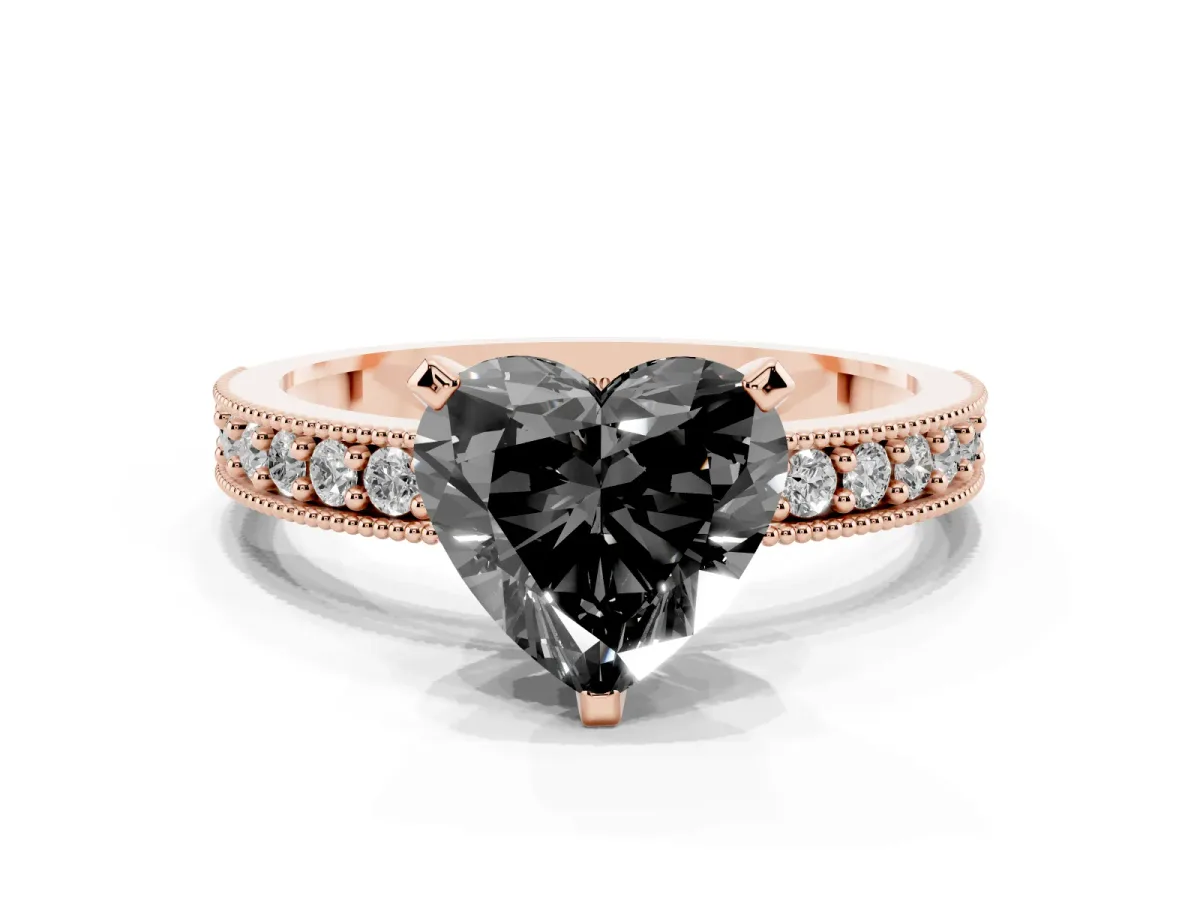 Fancy Black Heart Cut Diamond Milgrain Pavé Engagement Ring with Four-Prong Setting Rose gold