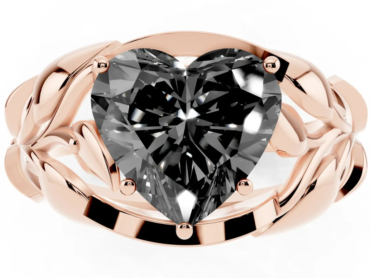 Fancy Black Heart Cut Diamond Leaf-Inspired Engagement Ring with Round Accents and Prong Setting Rose gold