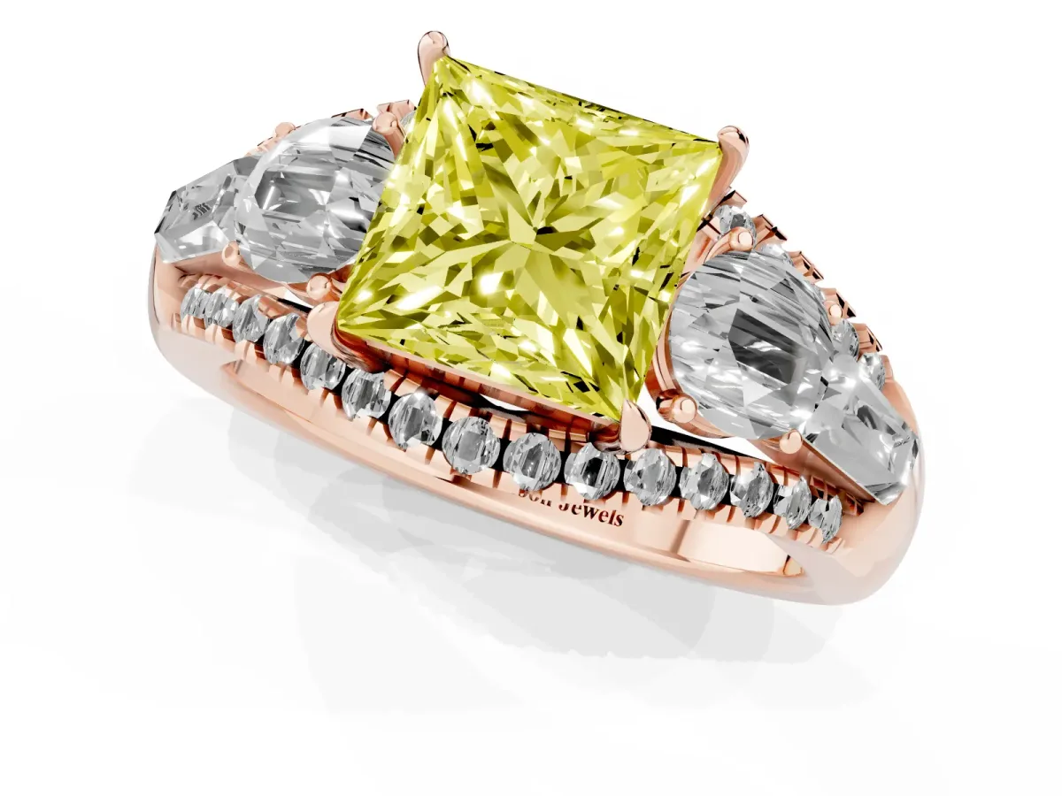 Fancy Yellow Three-Stone Princess Cut Diamond Engagement Ring with Pave Band and Prong Setting Rose gold