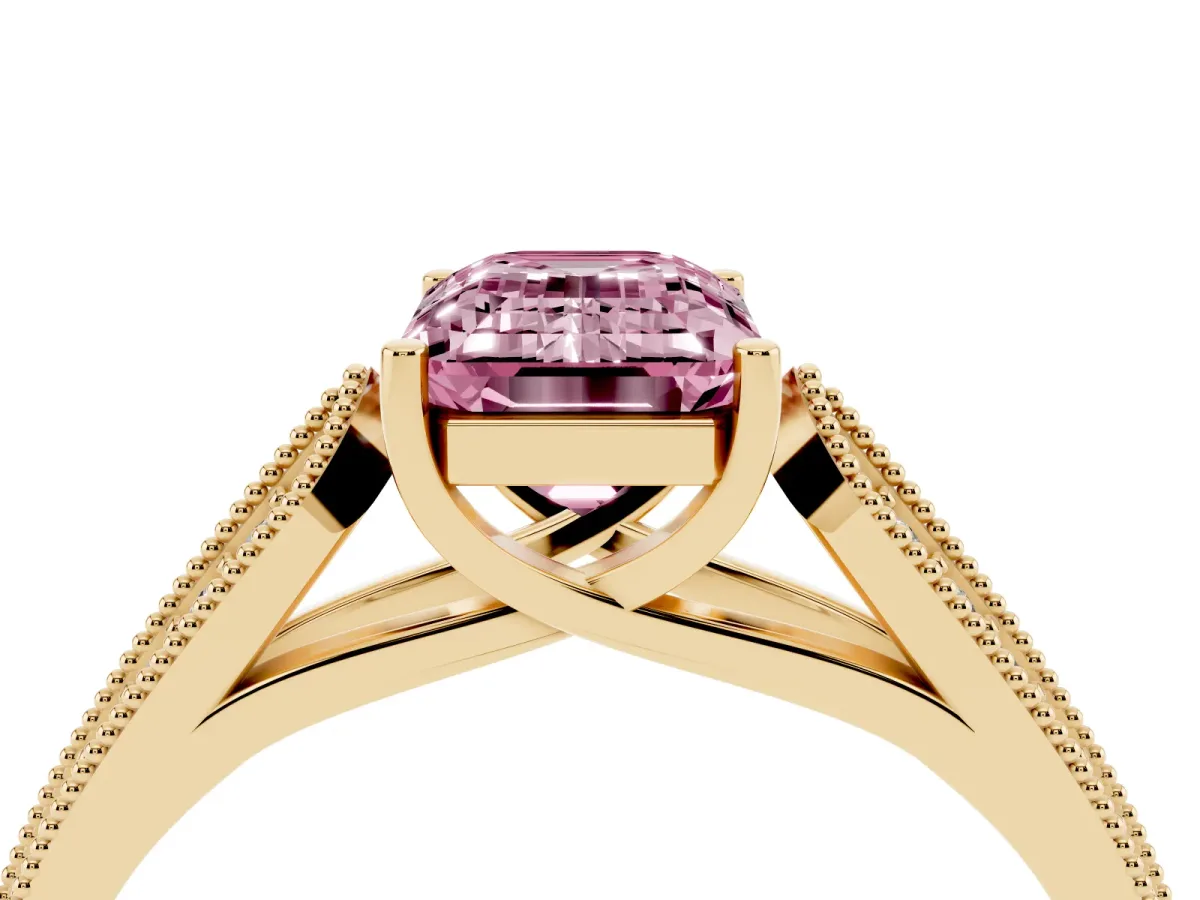Fancy Pink Emerald Cut Cut Pave Split Shank Engagement Ring with Four-Prong Setting Yellow gold