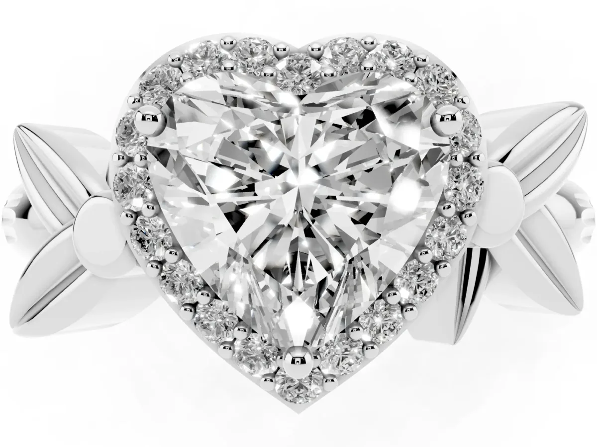 Heart Cut Halo Diamond Floral Band with Four-Prong Setting White gold