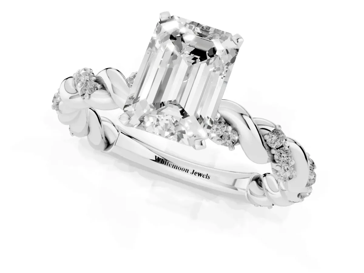 Emerald Cut Diamond Solitaire Ring with Twisted Band and Pavé Accents Silver