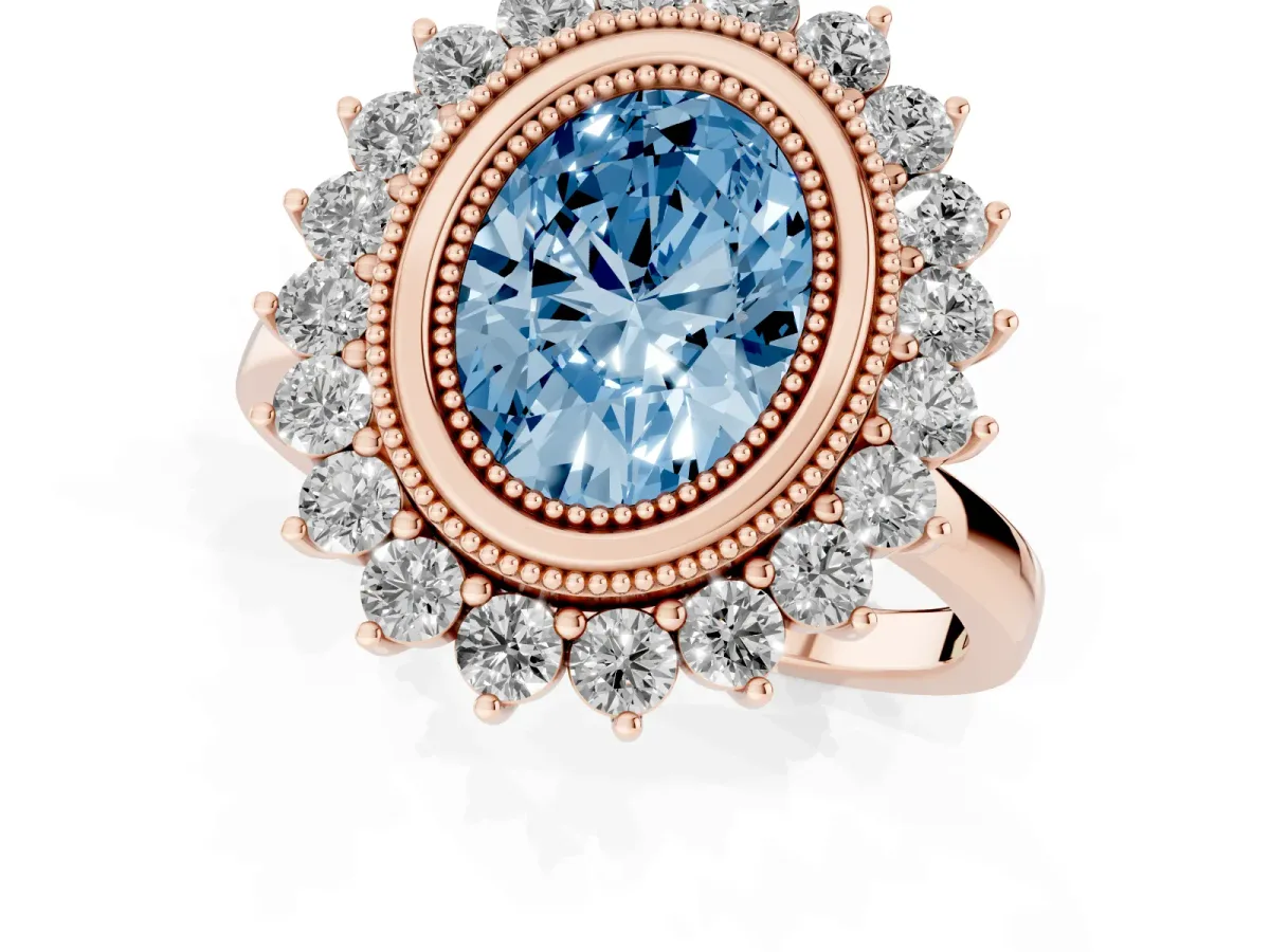 Fancy Blue Oval Cut Halo Diamond Ring with Milgrain Edge and Round Prong Setting Rose gold