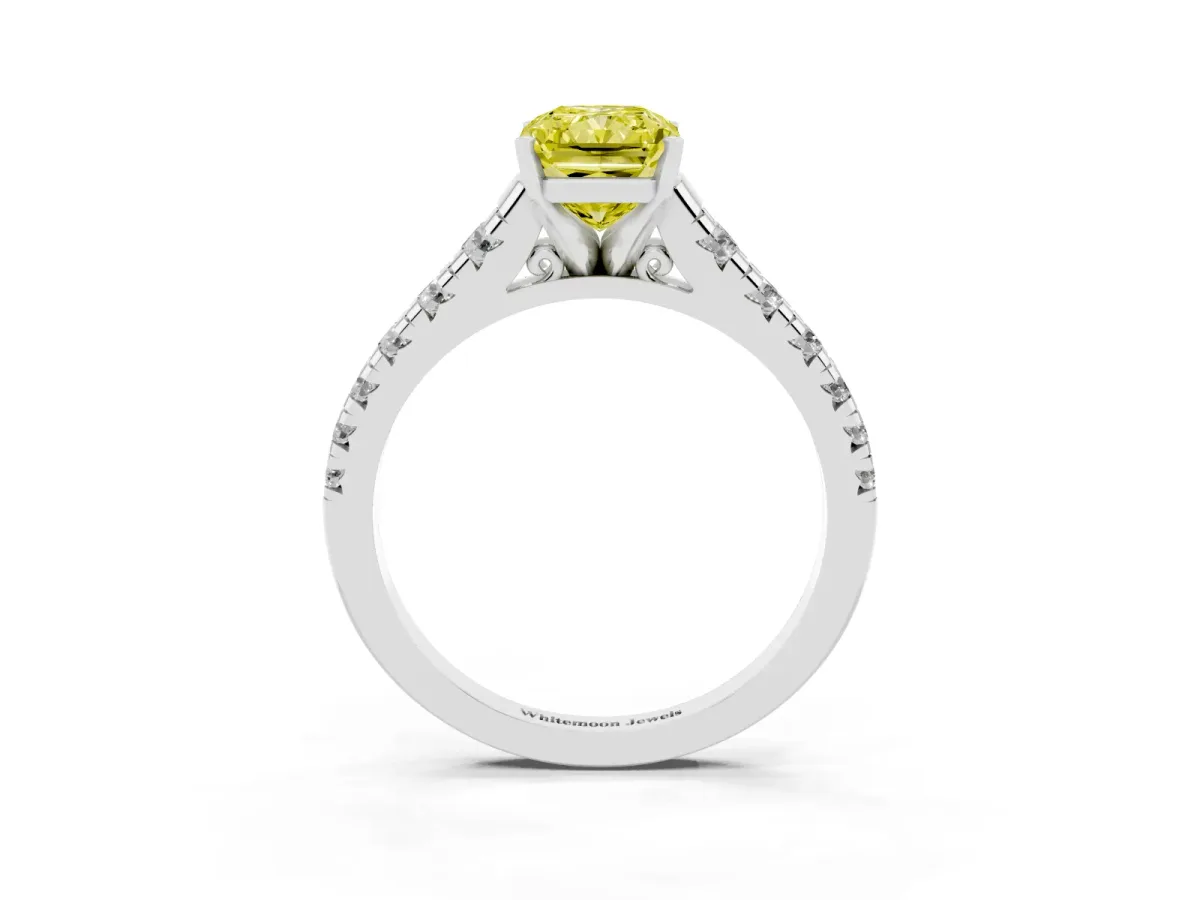 Fancy Yellow Radiant Cut Diamond Cathedral Solitaire Ring with Round Pavé Band Silver