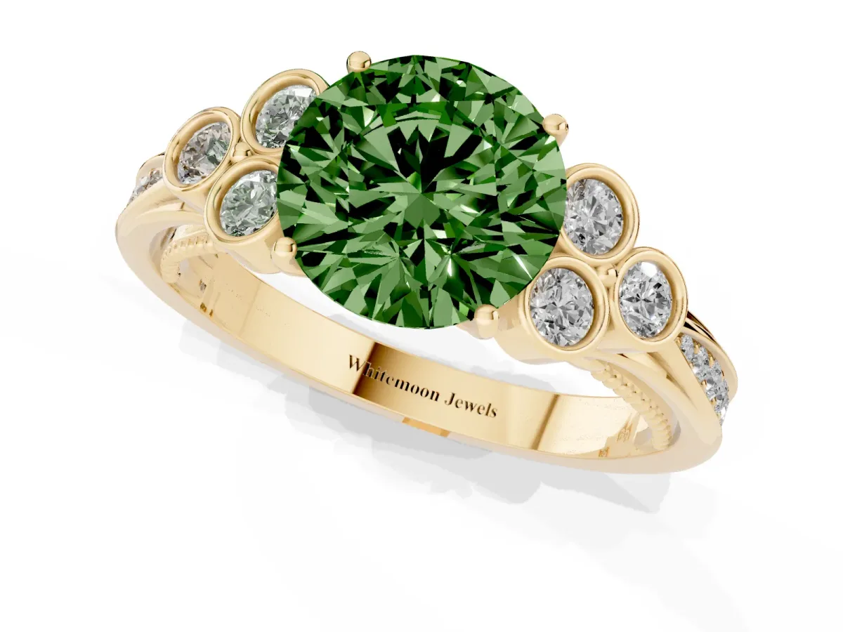 Fancy Green Round Cut Cut Diamond Engagement Ring with Bezel Set Round Side Stones and Prong Setting Yellow gold