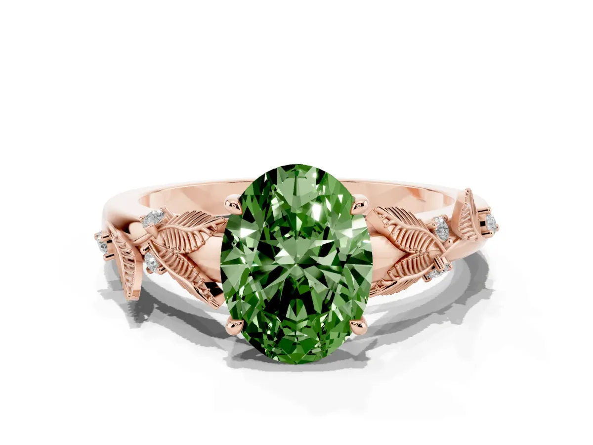 Fancy Green Oval Cut Diamond Solitaire Ring with Leaf Motif Band and Four-Prong Setting Rose gold