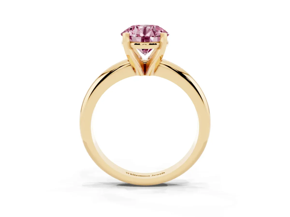 Fancy Pink Round Cut Diamond Solitaire Engagement Ring with Round Band and Four-Prong Setting Yellow gold