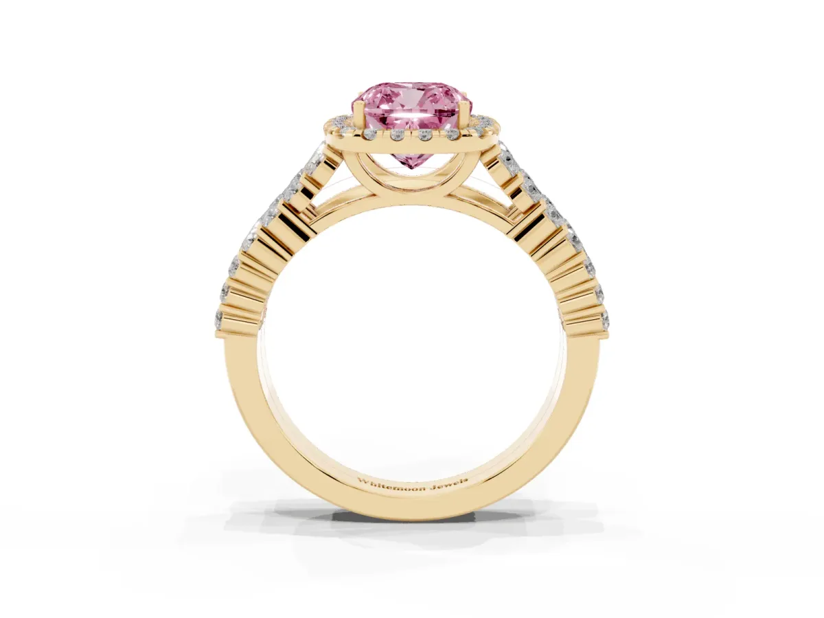 Fancy Pink Cushion Cut Diamond Halo Engagement Ring with Triple Row Round Pavé Band and Prong Setting Yellow gold