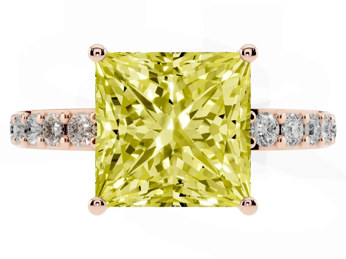 Fancy Yellow Princess Cut Cut Diamond Solitaire with Pave Band and Four-Prong Setting Rose gold