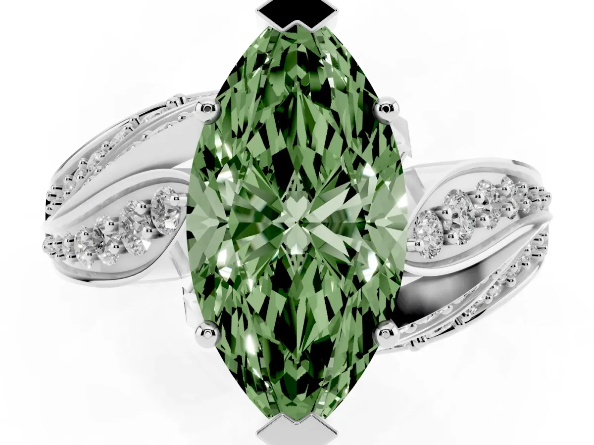 Fancy Green Marquise Cut Diamond Solitaire Ring with Prong Setting and Twisted Pavé Band Silver