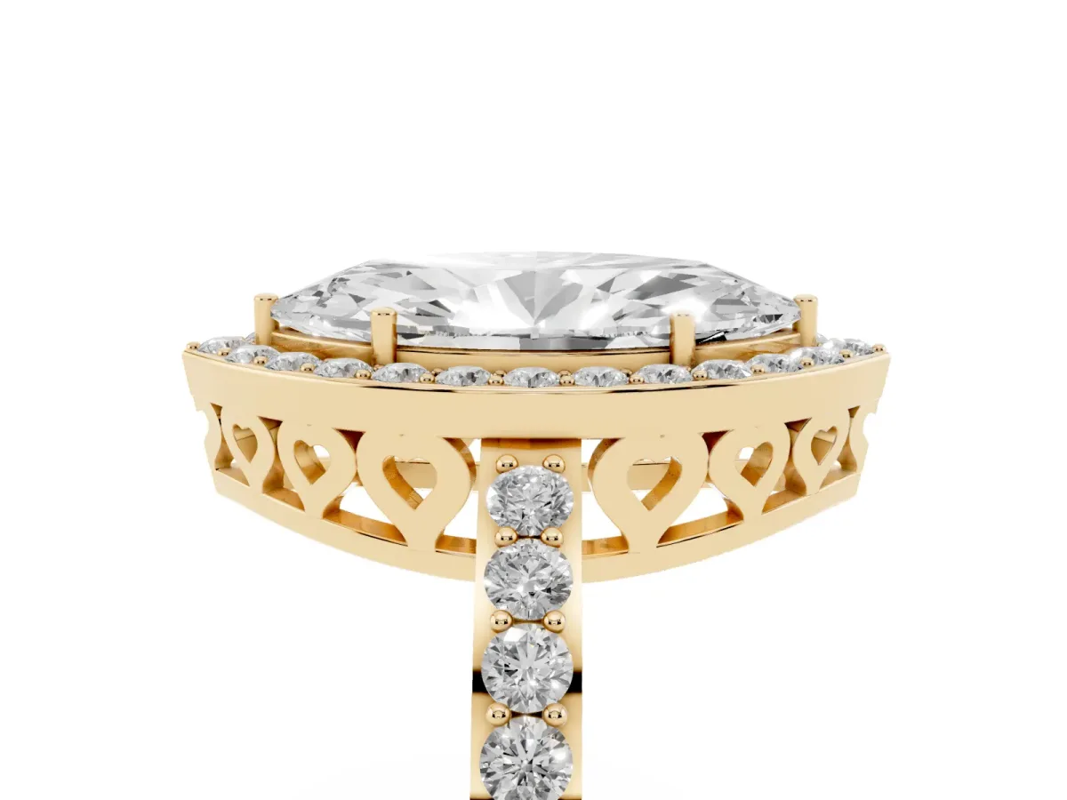 Marquise Cut Halo Diamond Pavé Band Ring with Prong Setting Yellow gold