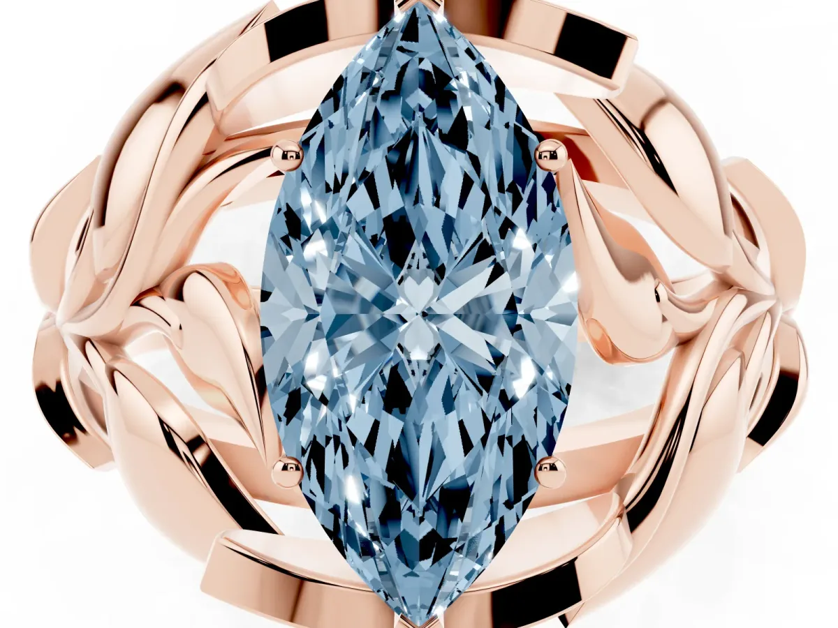 Fancy Blue Marquise Cut Diamond Leaf-Inspired Engagement Ring with Round Accents and Prong Setting Rose gold