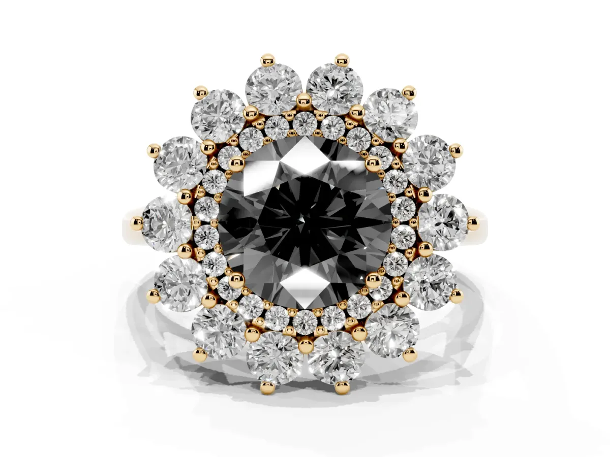 Fancy Black Round Cut Diamond Floral Double Halo Engagement Ring with Prong Setting Yellow gold