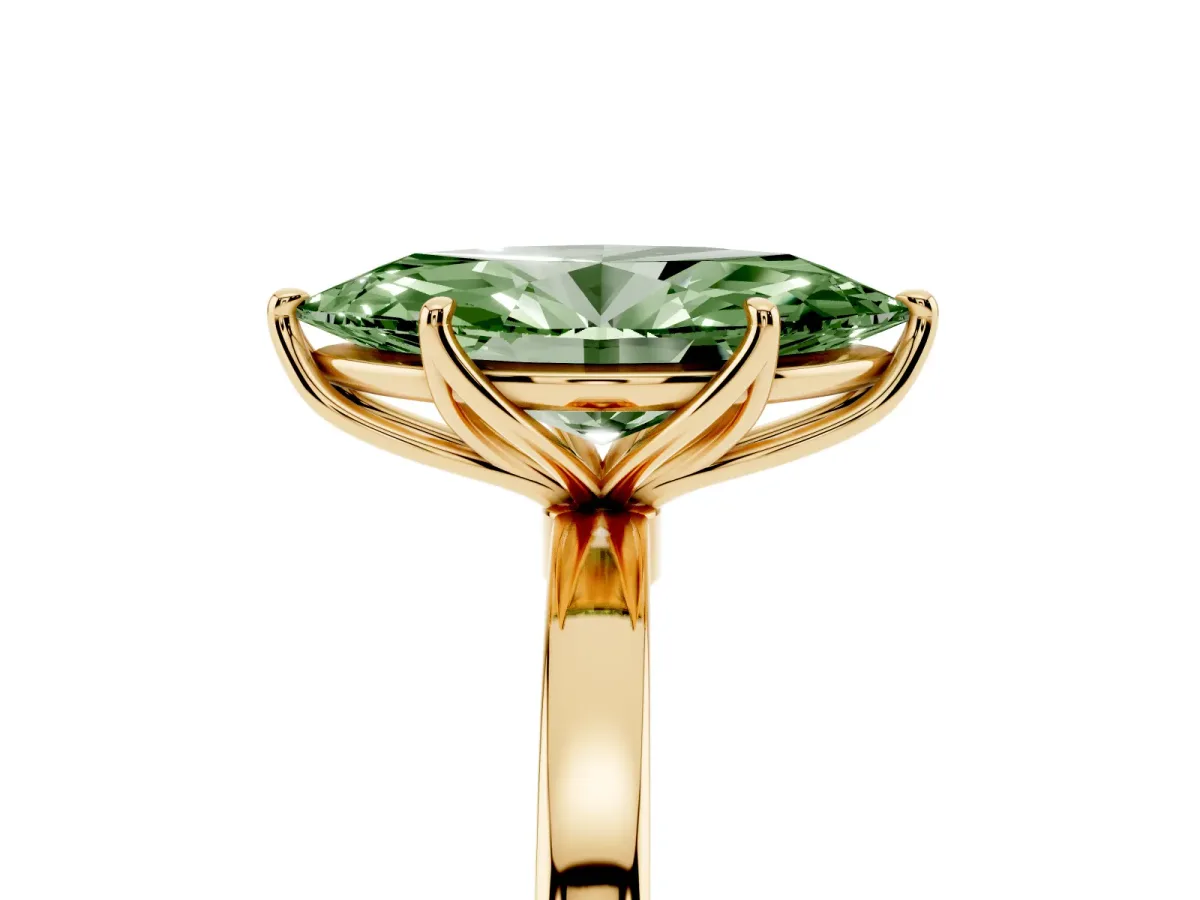 Fancy Green Marquise Cut Diamond Solitaire Ring with Thin Band and Prong Setting Yellow gold