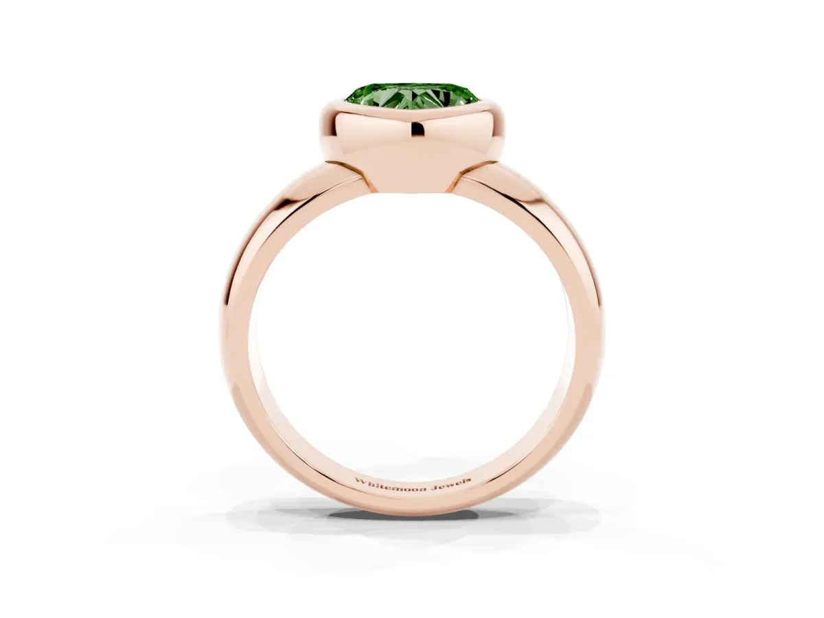 Fancy Green Bezel Set Heart Cut Solitaire Ring with Wide Band Rose gold
