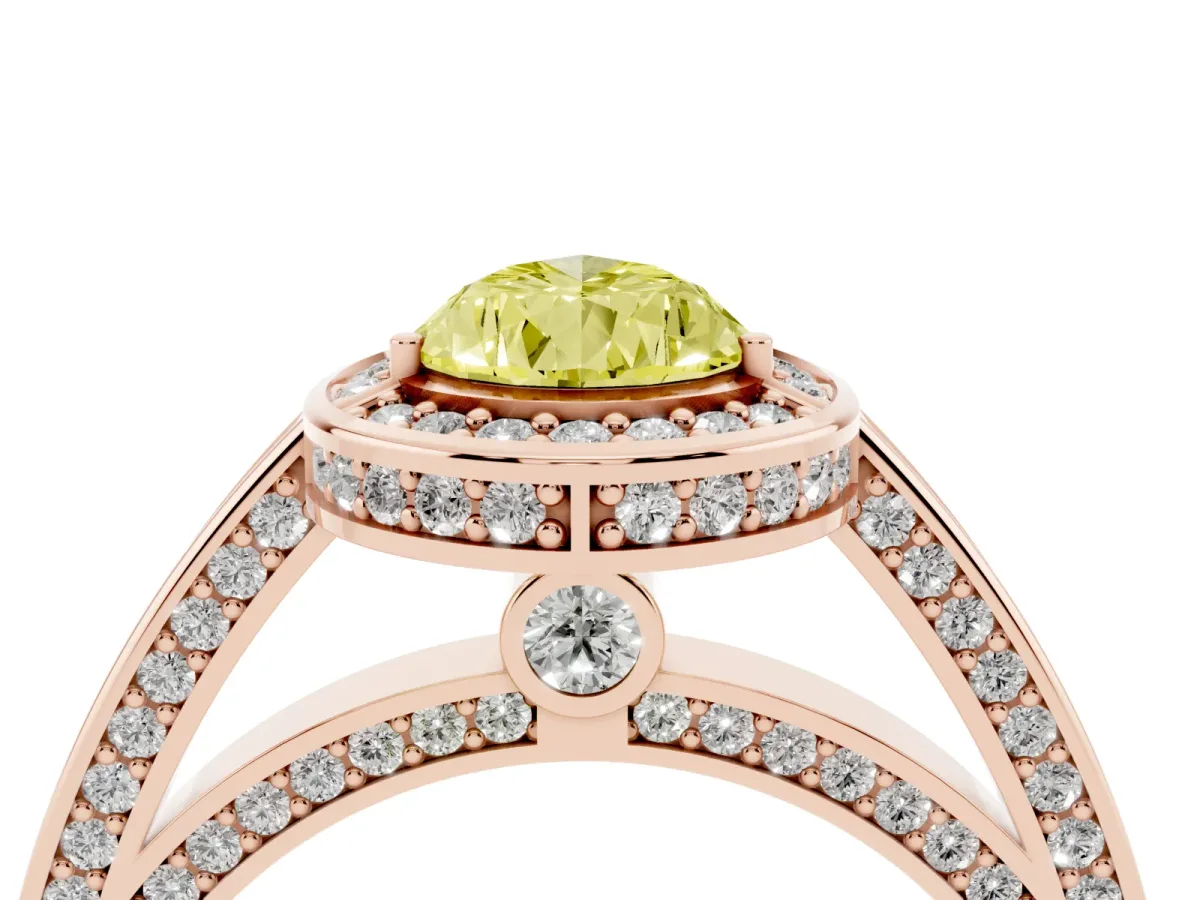 Fancy Yellow Pear Cut Cut Halo Pave Split Shank Prong Setting Ring Rose gold