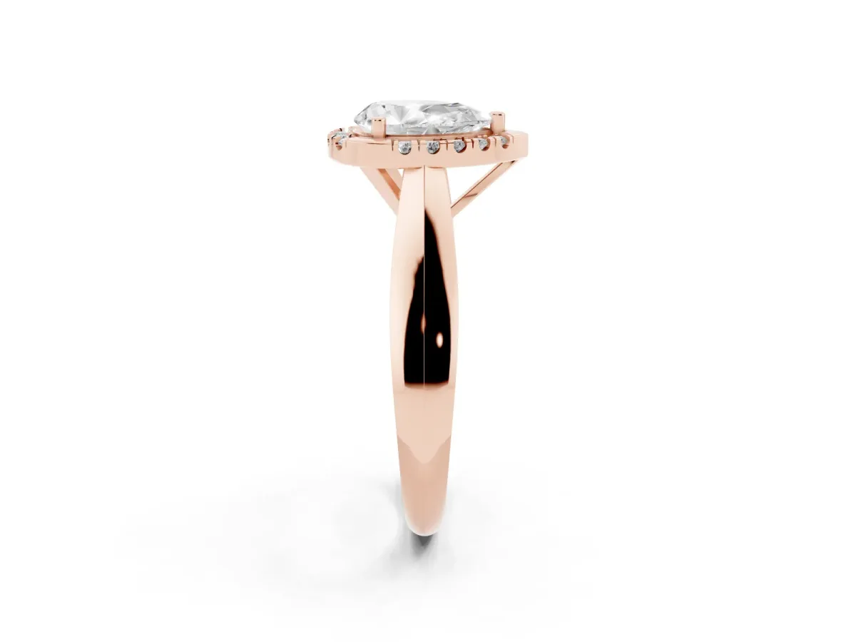 Pear Cut Cut Halo Solitaire Engagement Ring with Square Band and Four-Prong Setting Rose gold