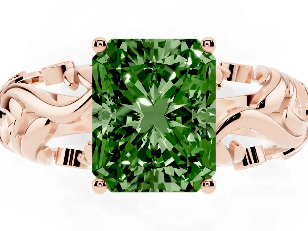 Fancy Green Radiant Cut Solitaire Diamond Leaf-Inspired Vine Band Ring with Prong Setting Rose gold