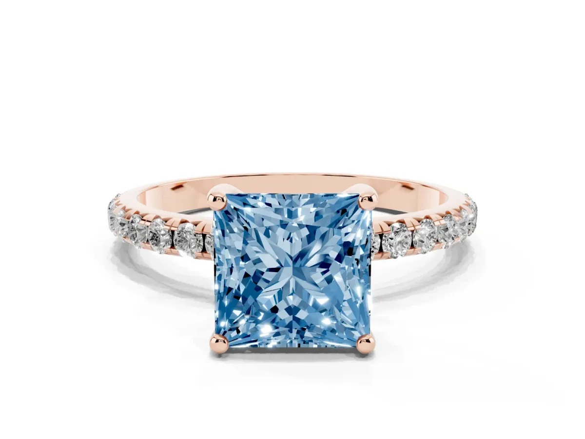 Fancy Blue Princess Cut Cut Diamond Solitaire Ring with Micro Pave Band and Four Prong Setting Rose gold
