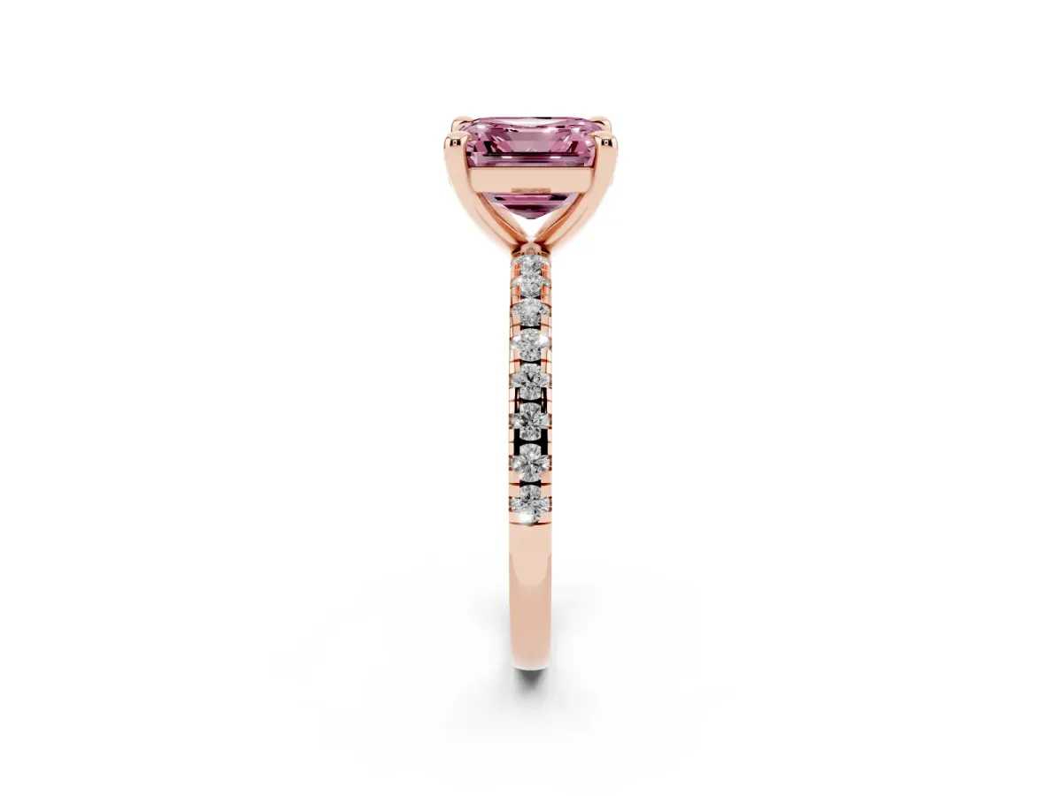 Fancy Pink Asscher Cut Diamond Brilliant Solitaire Ring with Pavé Band and Four-Prong Setting Rose gold