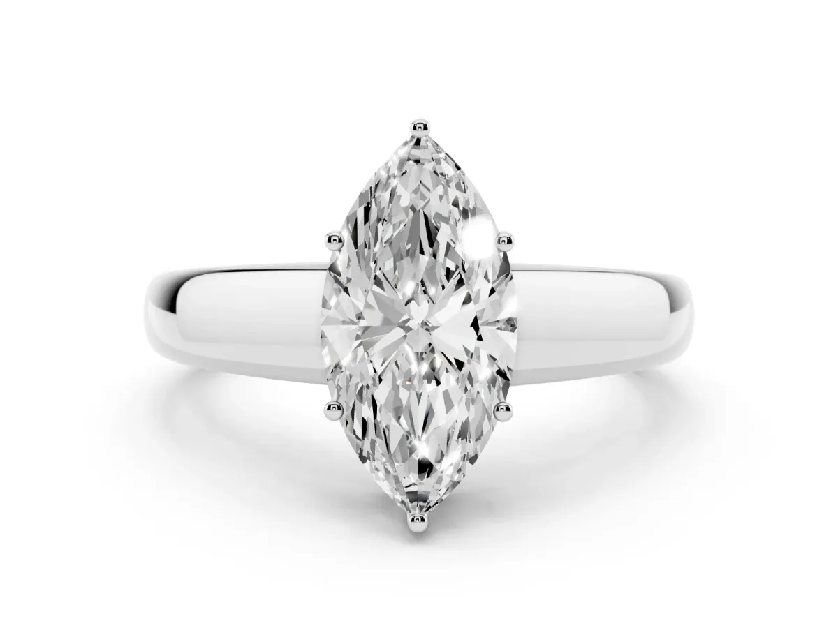 Marquise Cut Solitaire Diamond Ring with Tapered Band and Four-Prong Setting Platinum