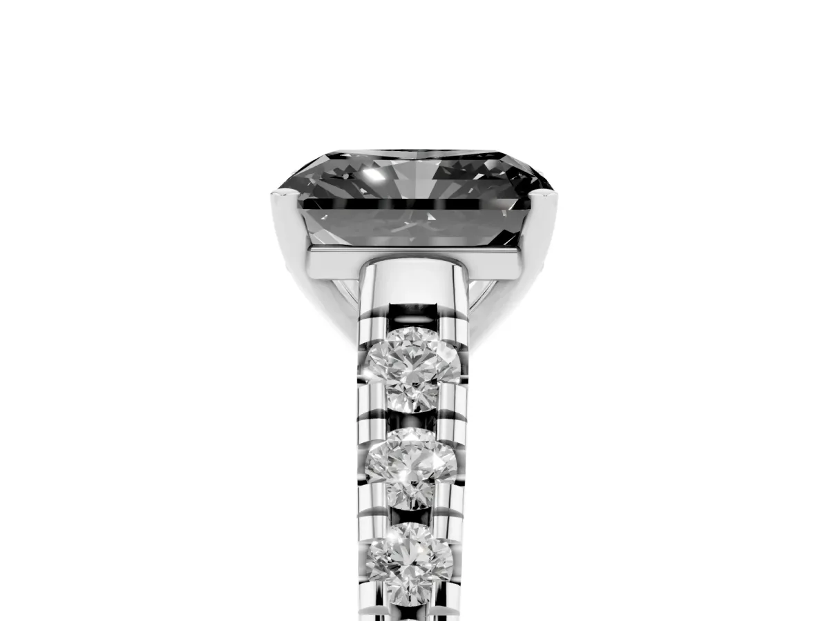 Fancy Black Radiant Cut Diamond Cathedral Solitaire Ring with Round Pavé Band Silver