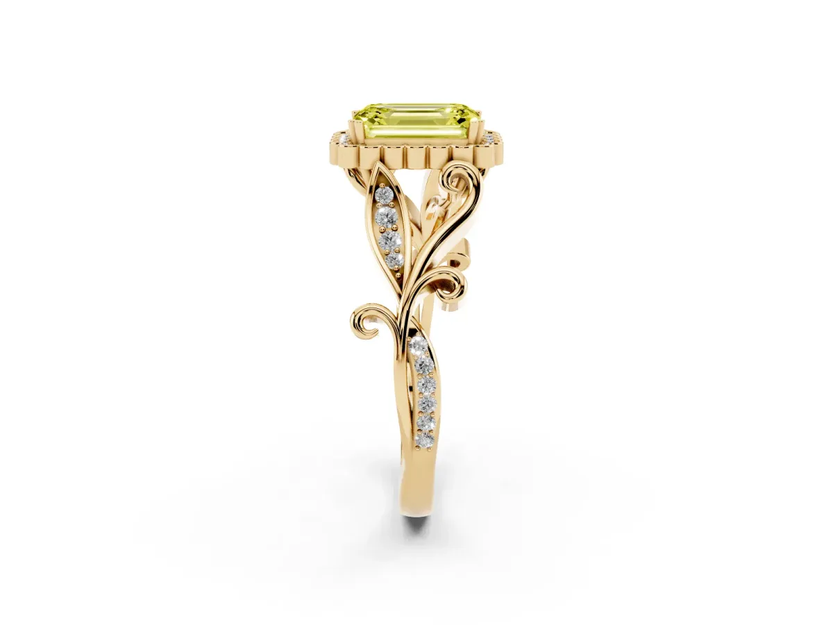 Fancy Yellow Emerald Cut Diamond Halo Ring with Vintage Split Shank and Four-Prong Setting Yellow gold