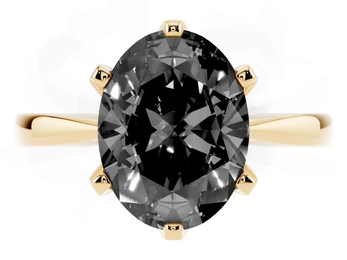 Fancy Black Oval Cut Solitaire Engagement Ring with Six-Prong Setting and Tapered Band Yellow gold