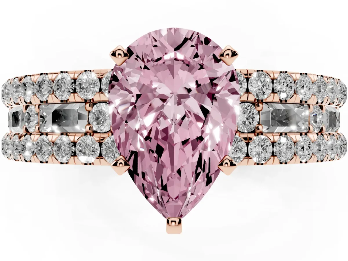 Fancy Pink Pear Cut Diamond Solitaire Ring with Pavé and Channel Set Band Rose gold