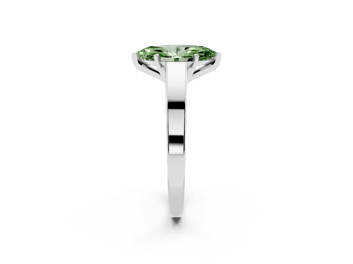 Fancy Green Marquise Cut Solitaire Engagement Ring with Four-Prong Setting and Tapered Band Silver