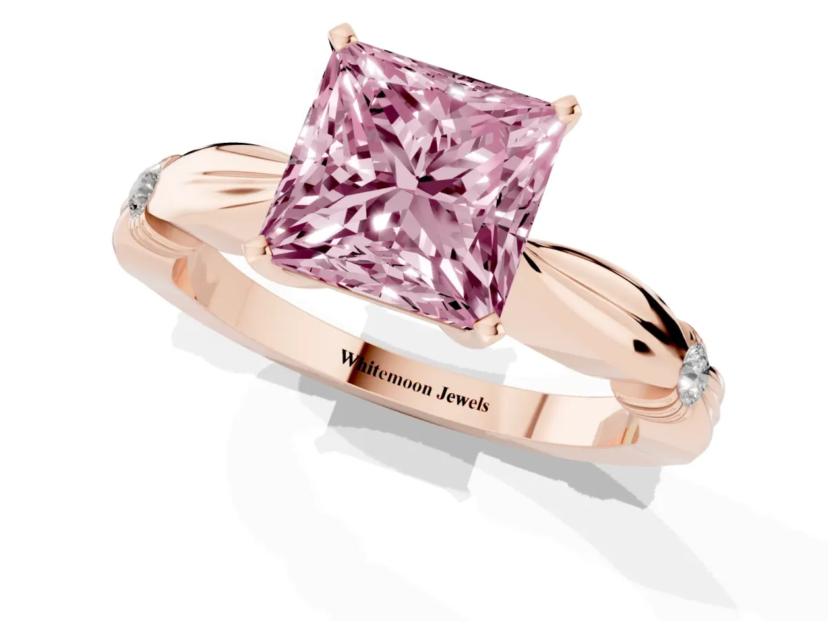 Fancy Pink Princess Cut Solitaire Diamond Twisted Band with Four-Prong Setting Rose gold