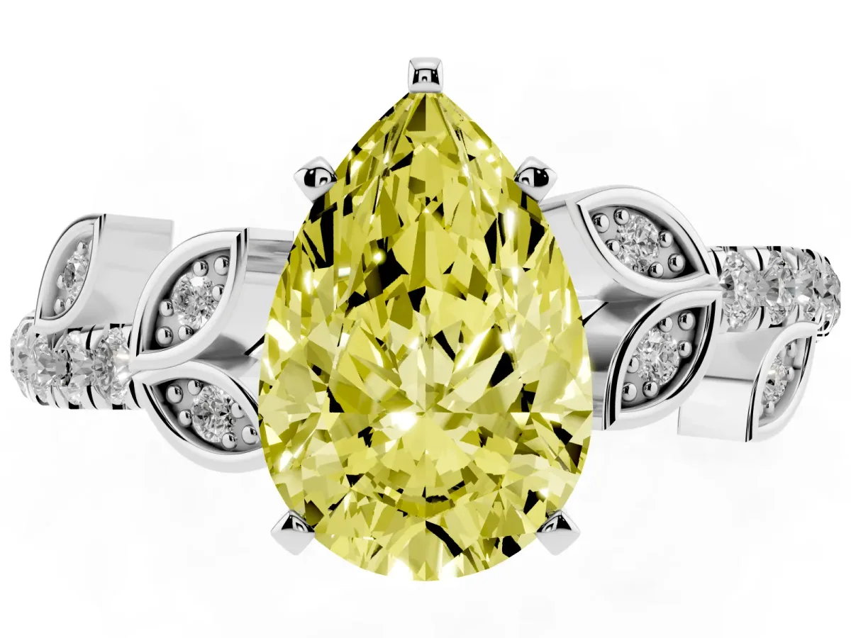 Fancy Yellow Pear Cut Solitaire Leaf-Inspired Diamond Ring with Pavé Band and Four-Prong Setting Silver