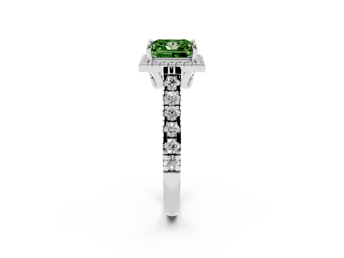 Fancy Green Princess Cut Halo Pavé Diamond Engagement Ring with Four-Prong Setting Platinum