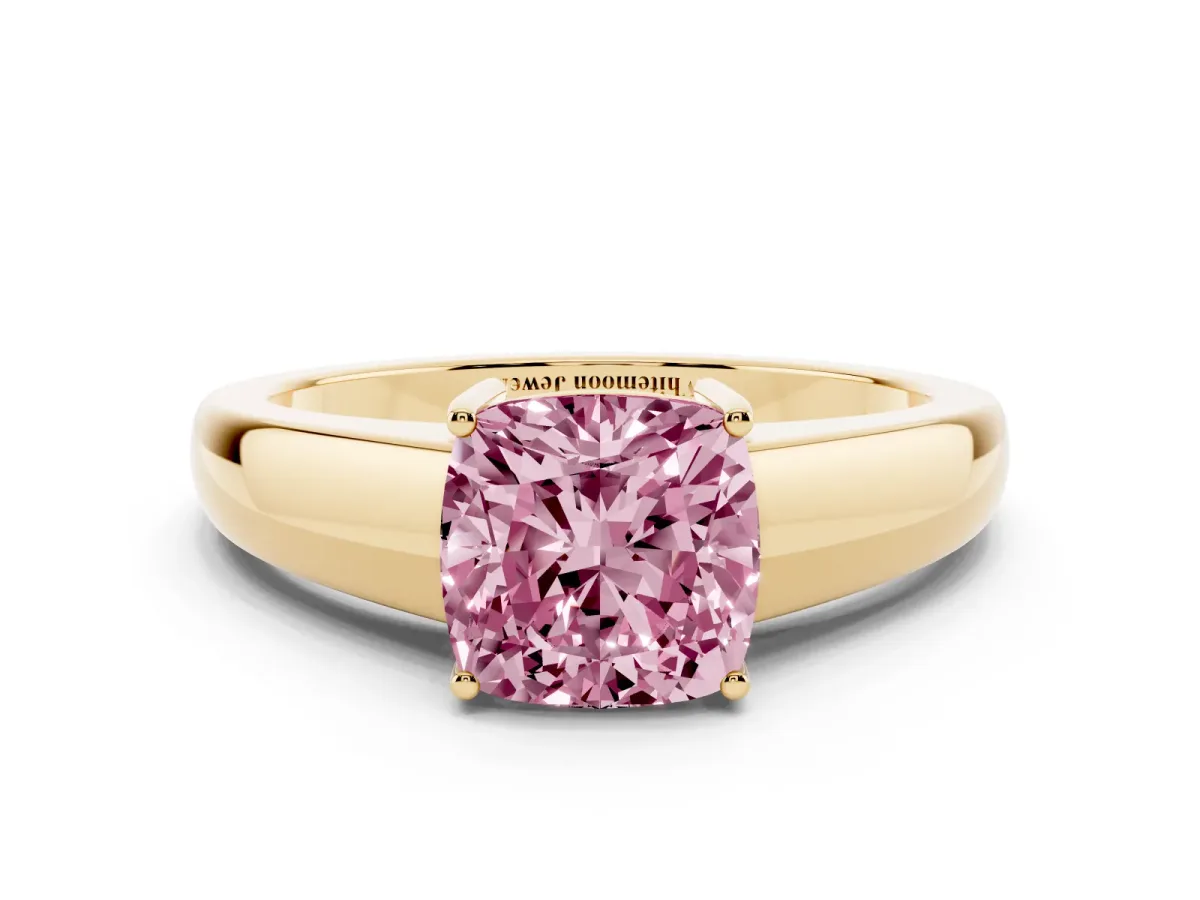 Fancy Pink Cushion Cut Solitaire Diamond Ring with Tapered Band and Four-Prong Setting Yellow gold