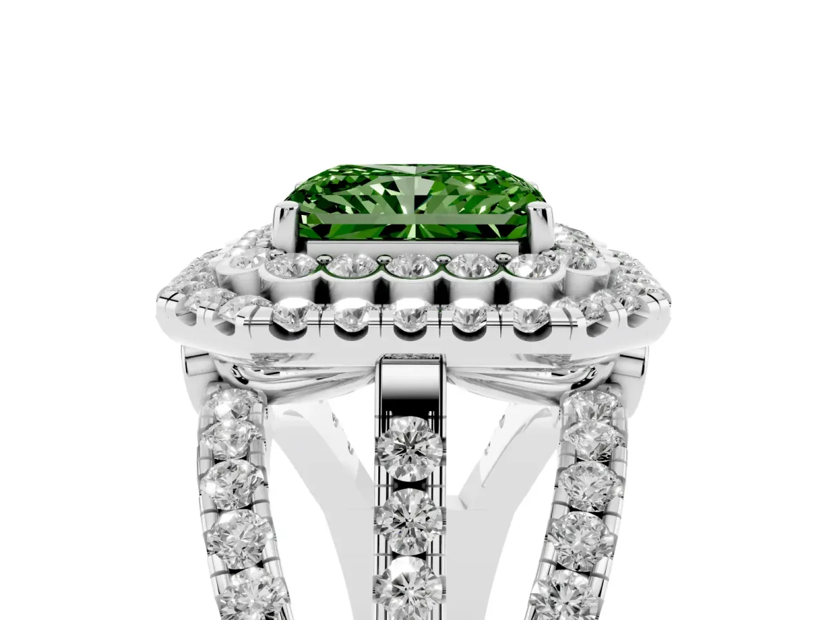Fancy Green Radiant Cut Diamond Double Halo Ring with Round Pavé Split Shank and Prong Setting Silver