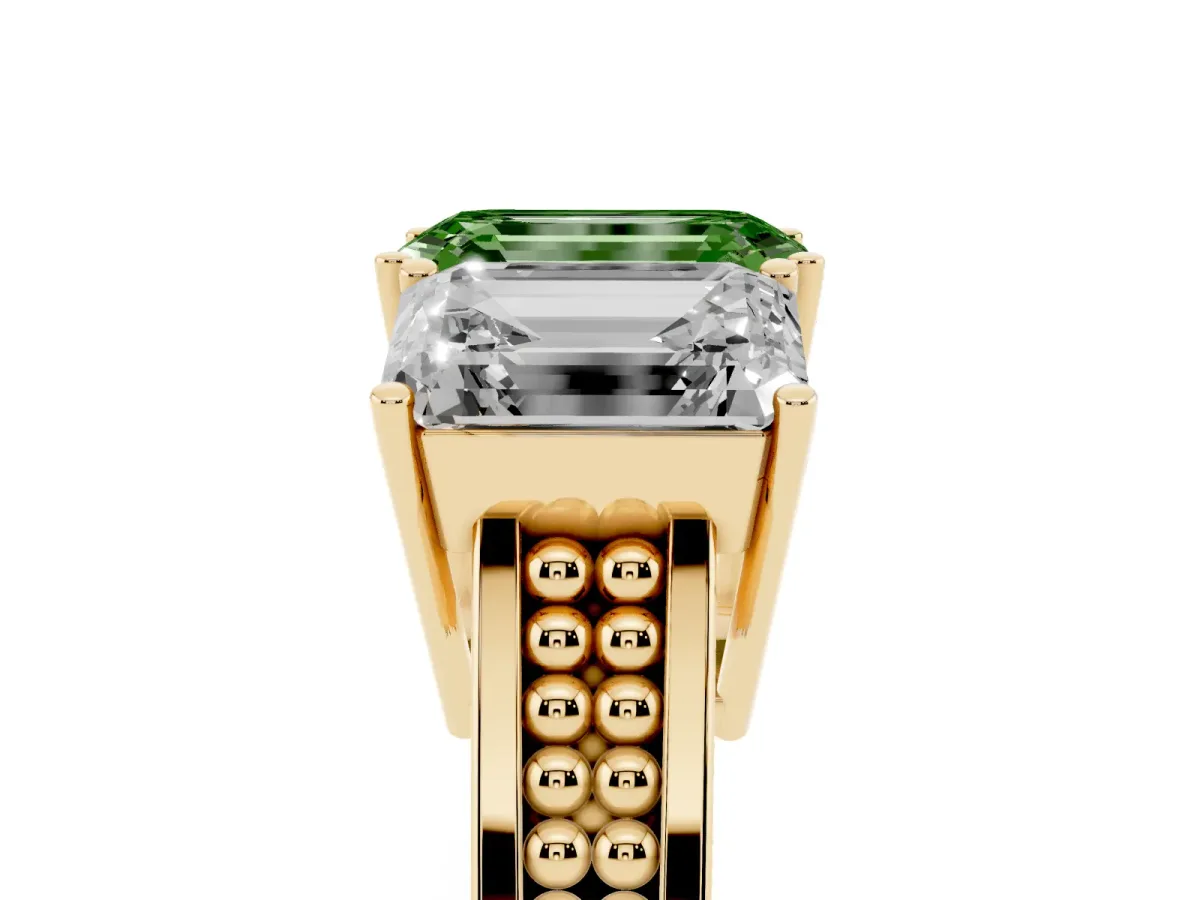 Fancy Green Emerald Cut Diamond Three-Stone Ring with Prong Setting and Textured Band Yellow gold