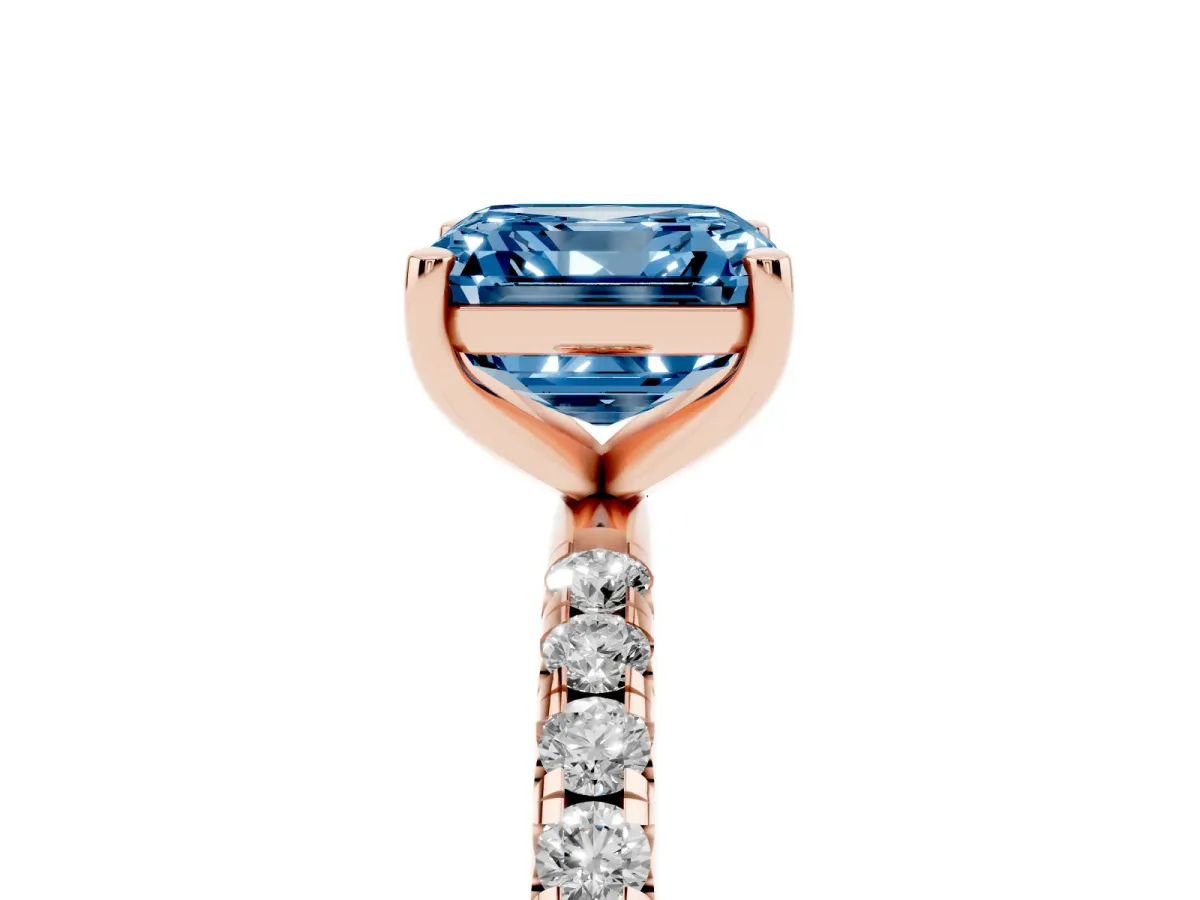 Fancy Blue Asscher Cut Cut Diamond Solitaire Ring with Micro Pave Band and Four Prong Setting Rose gold