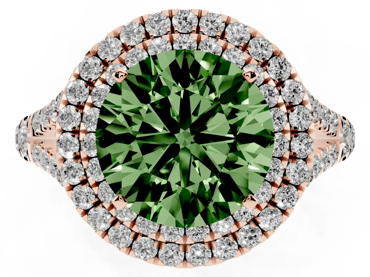 Fancy Green Round Cut Cut Double Halo Split Shank Diamond Ring with Prong Setting Rose gold