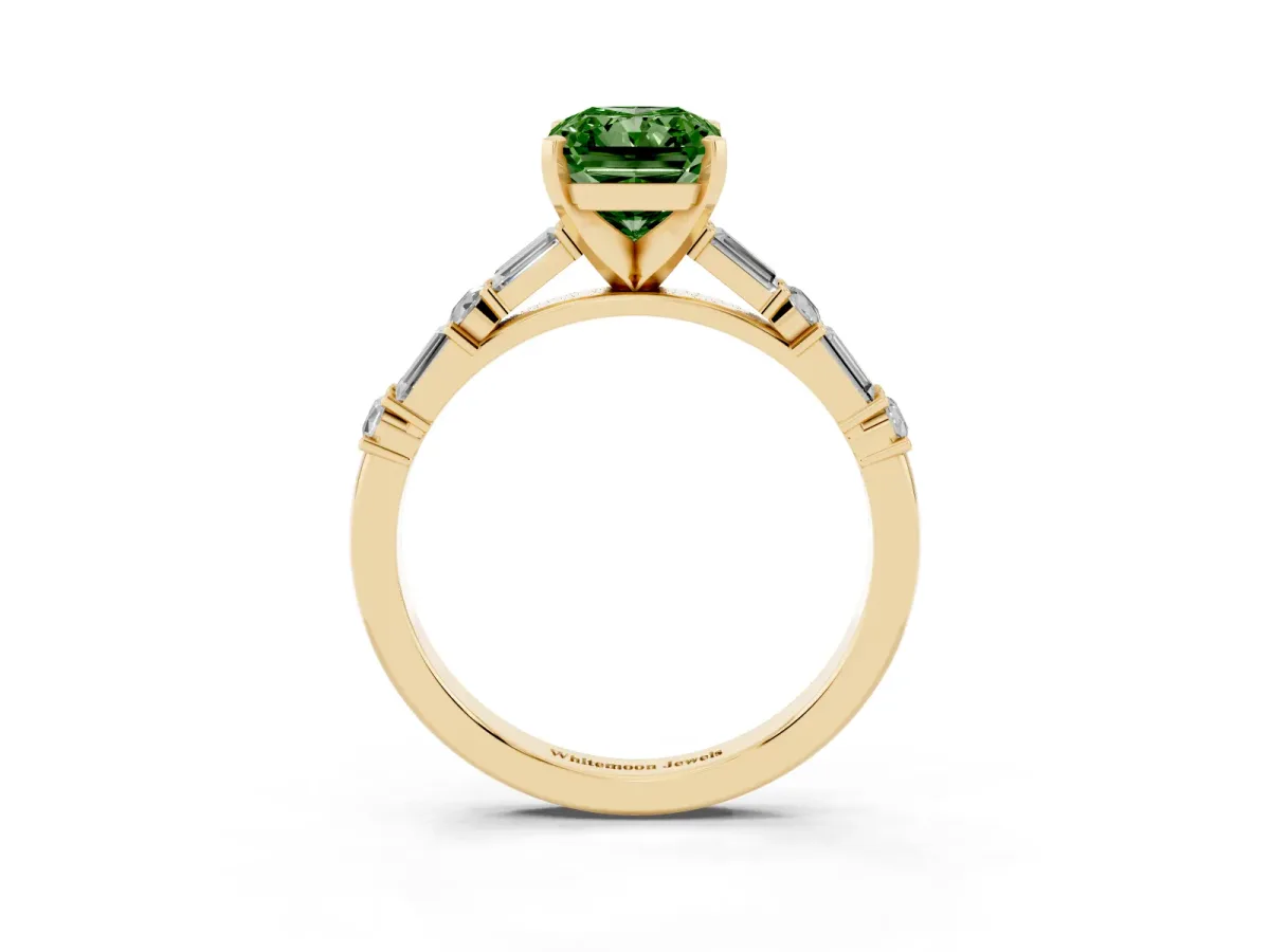Fancy Green Radiant Cut Diamond Solitaire with Side Baguettes and Channel Set Band Yellow gold