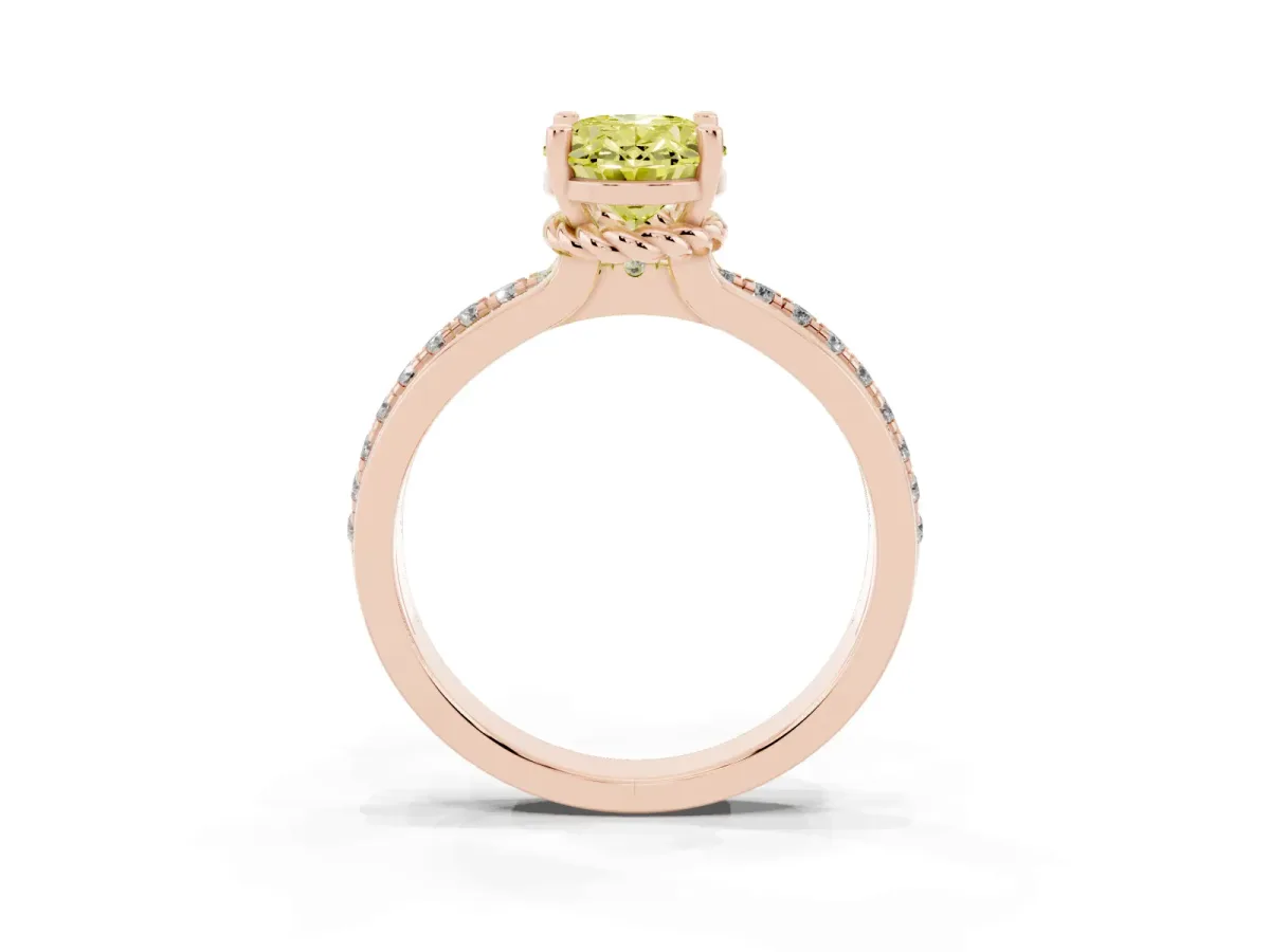 Fancy Yellow Oval Cut Solitaire Diamond Ring with Channel Set Band and Six-Prong Setting Rose gold