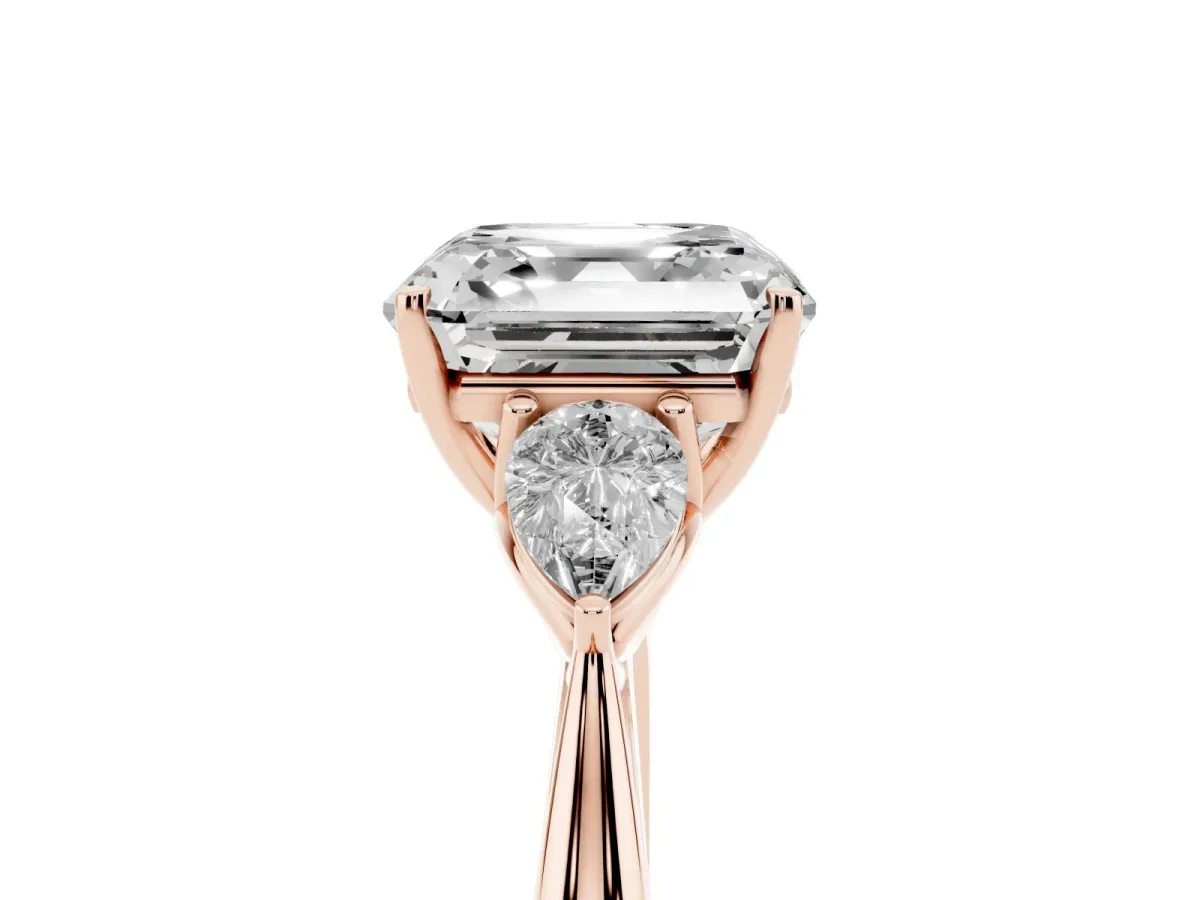 Asscher Cut Diamond Three-Stone Ring with Pear Side Stones and Prong Setting Rose gold