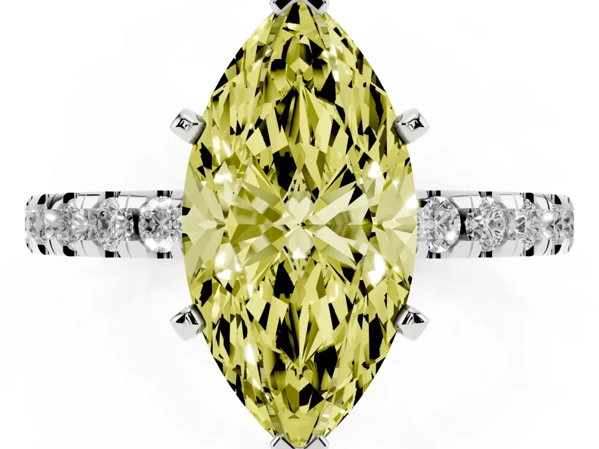 Fancy Yellow Marquise Cut Diamond Solitaire Ring with Round Pavé Band and Four-Prong Setting Silver