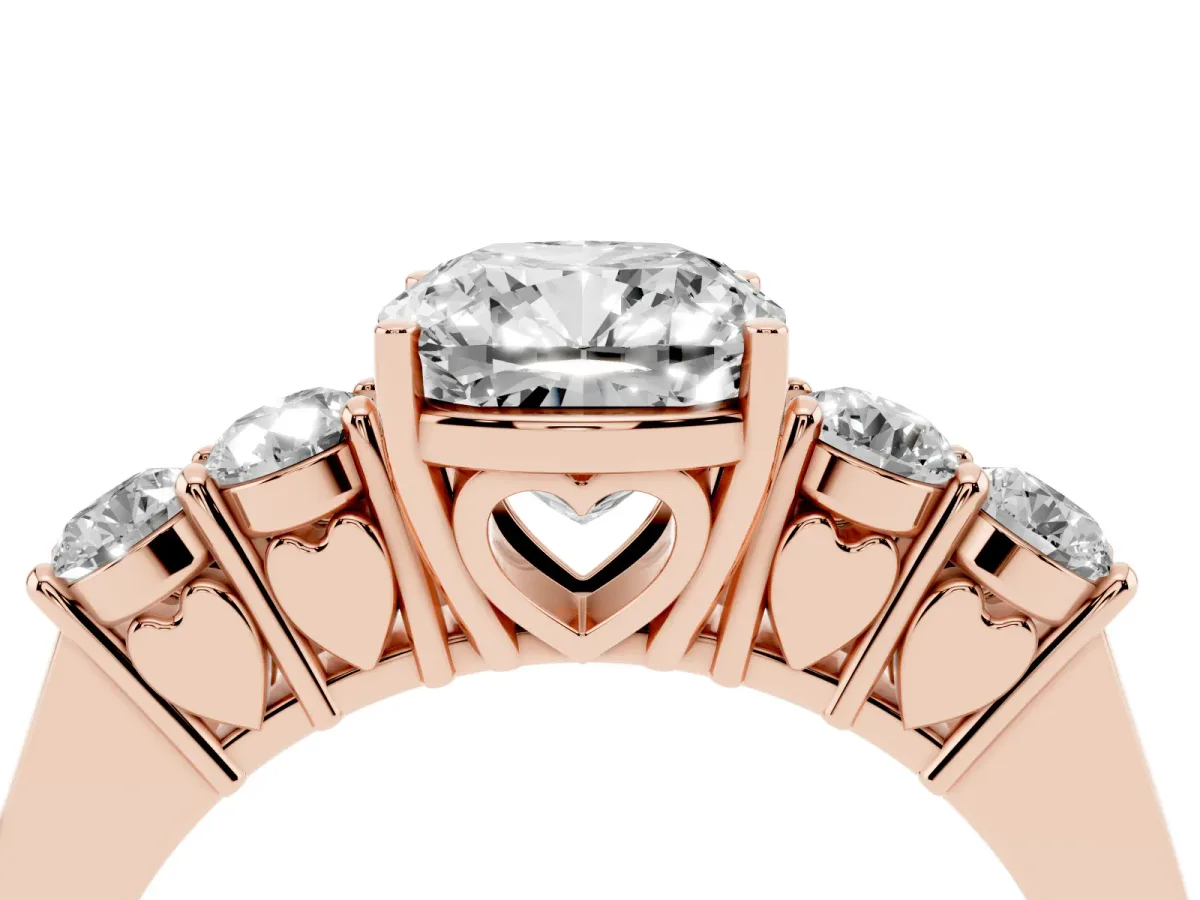 Cushion Cut Cut Diamond Five-Stone Prong Set White Gold Ring Rose gold